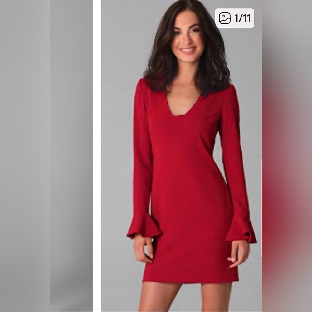 Dian Von Furstenberg Red Harina V-Neck Long Sleeve Dress with Flare Cuffs - SZ10